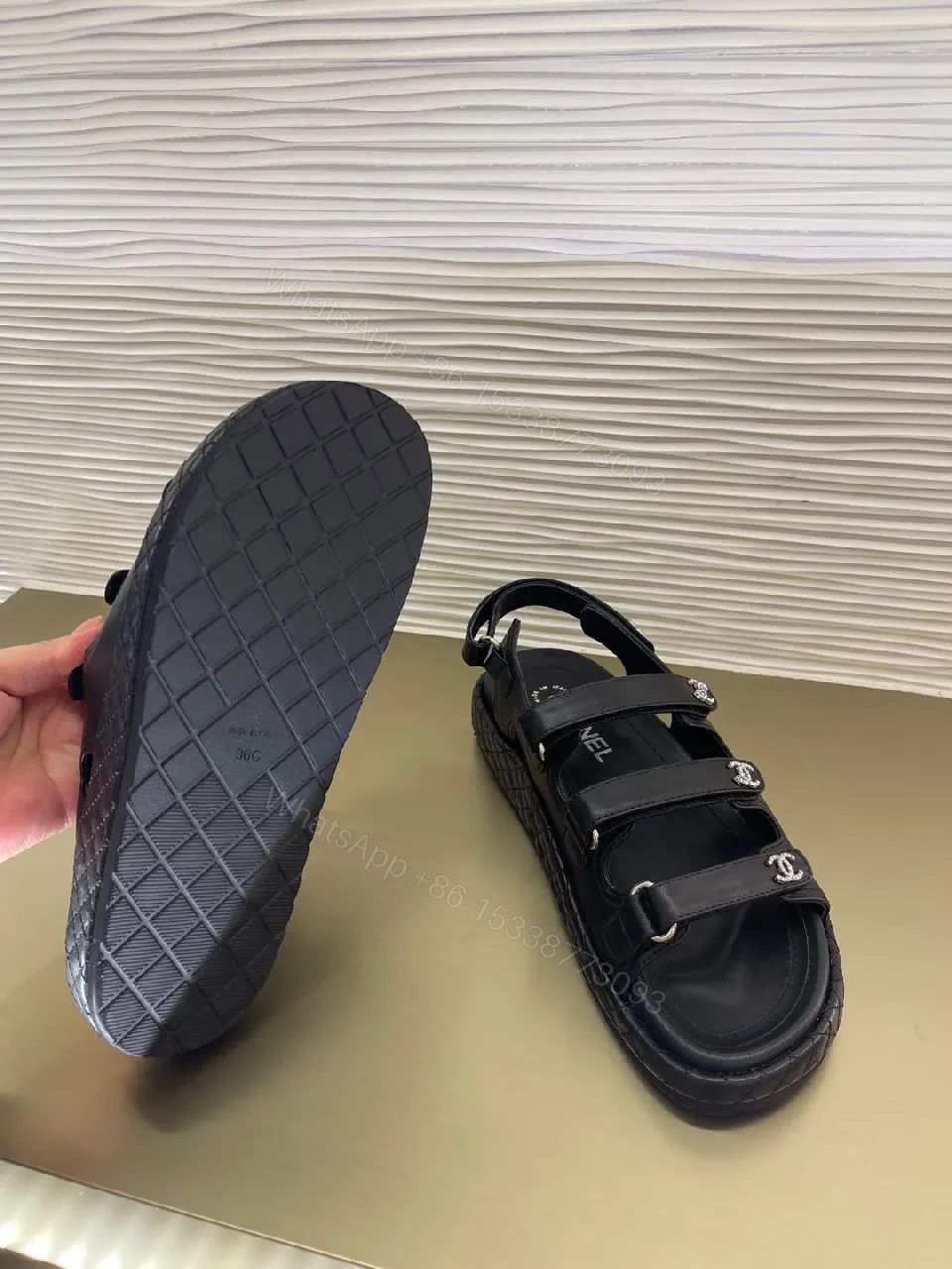 View 4 of Black Leather Slingback Sandal with Logo Straps - All-Day Comfort