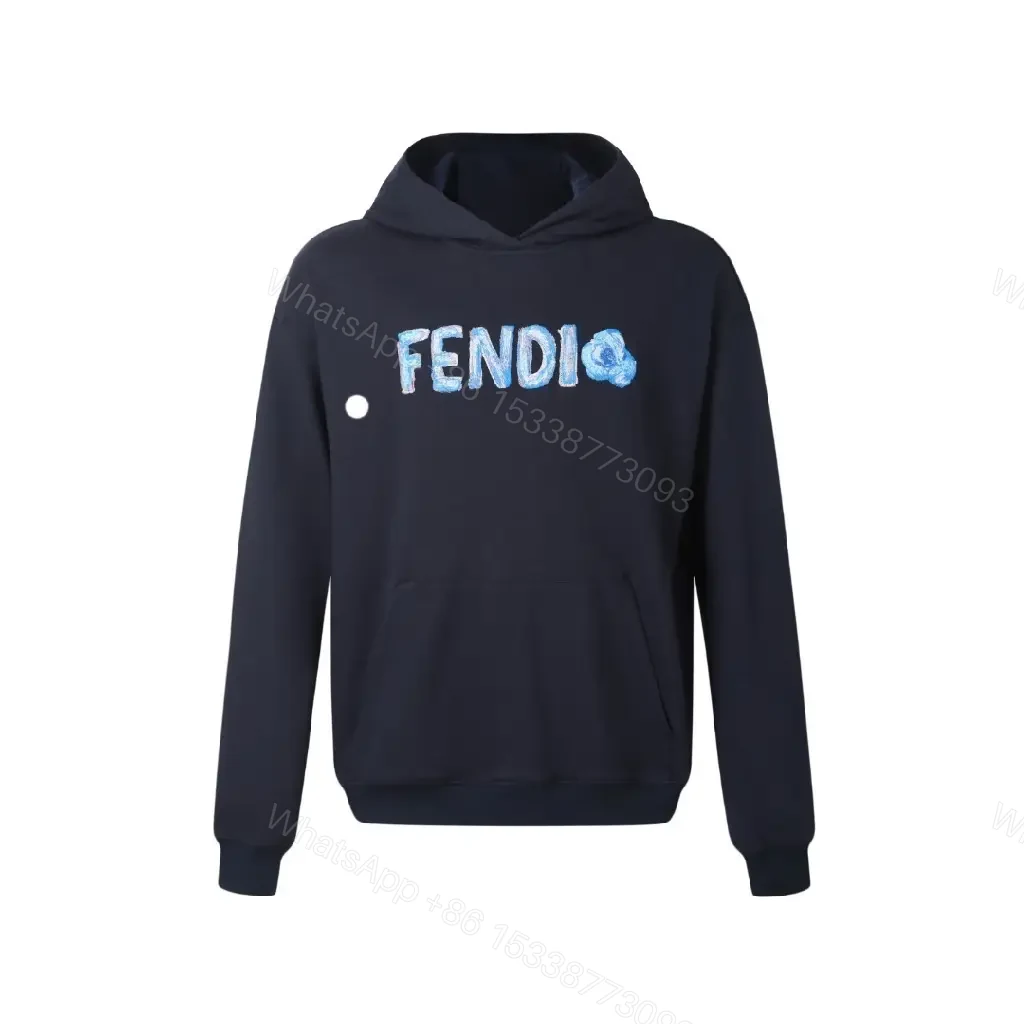 View 5 of Navy Fendi-Embroidered Graphic Hoodie, Luxe Cotton-Blend