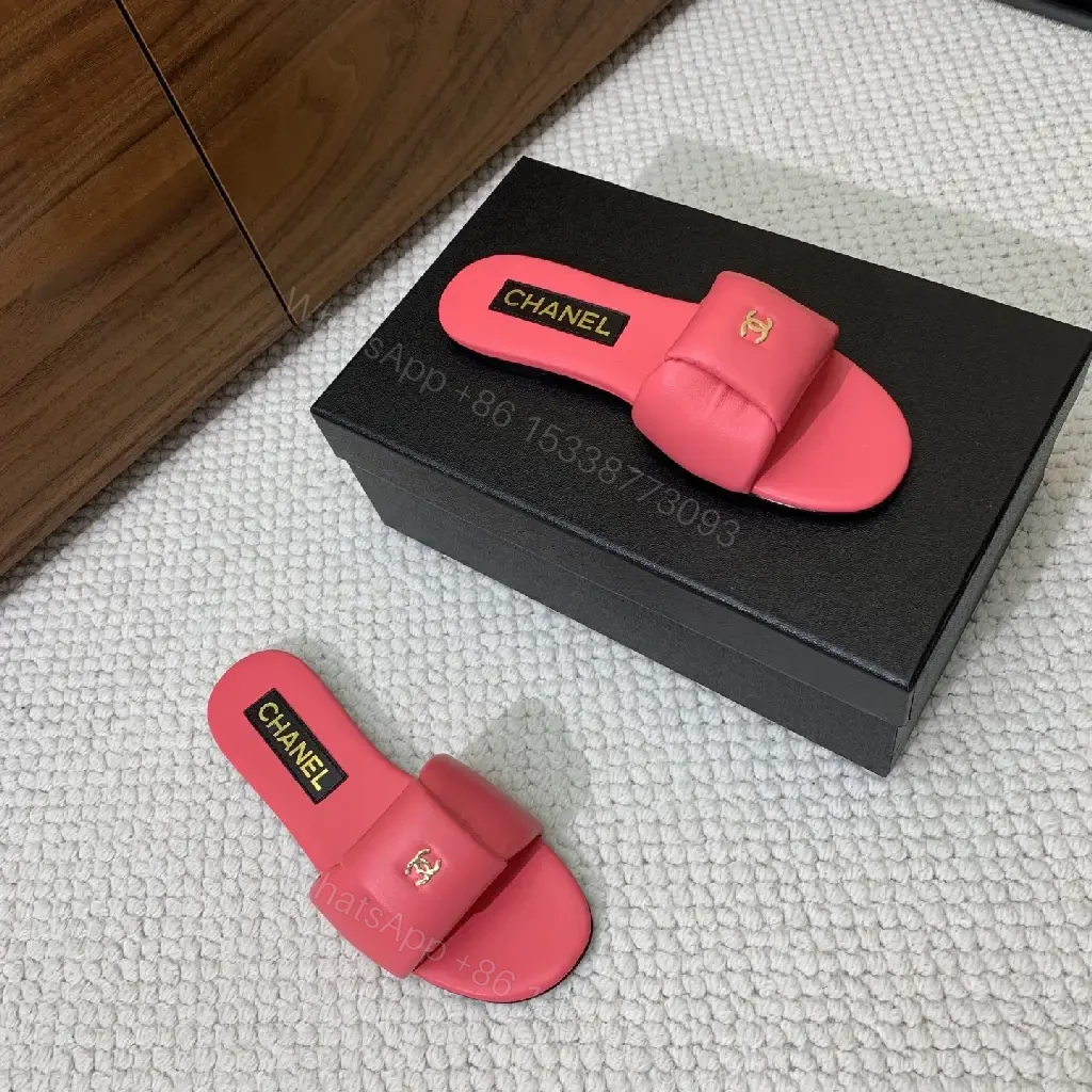 View 8 of Pink Leather Slide Sandals Gold Chanel Logo Slipper Style Bow Accent Sandal