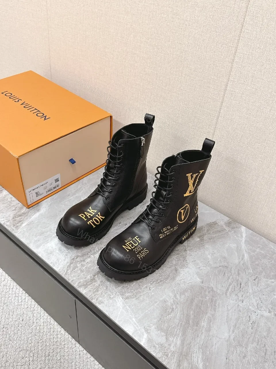 View 3 of Matte Leather Boots: Gold Graphic Luxury Style, Everyday Wear
