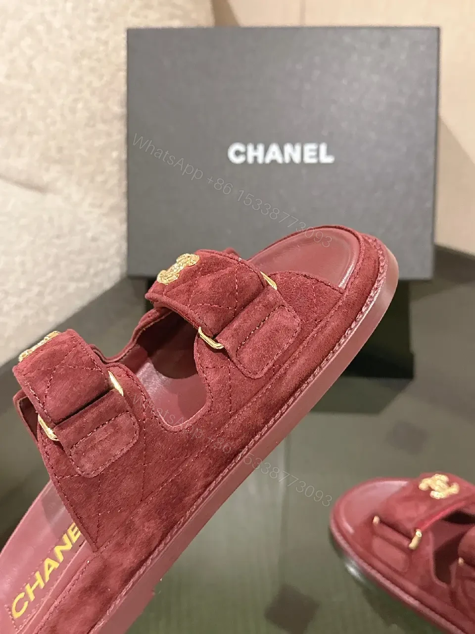 View 7 of Velvet Burgundy Slide Sandals – Luxe Comfort, Gold Hardware