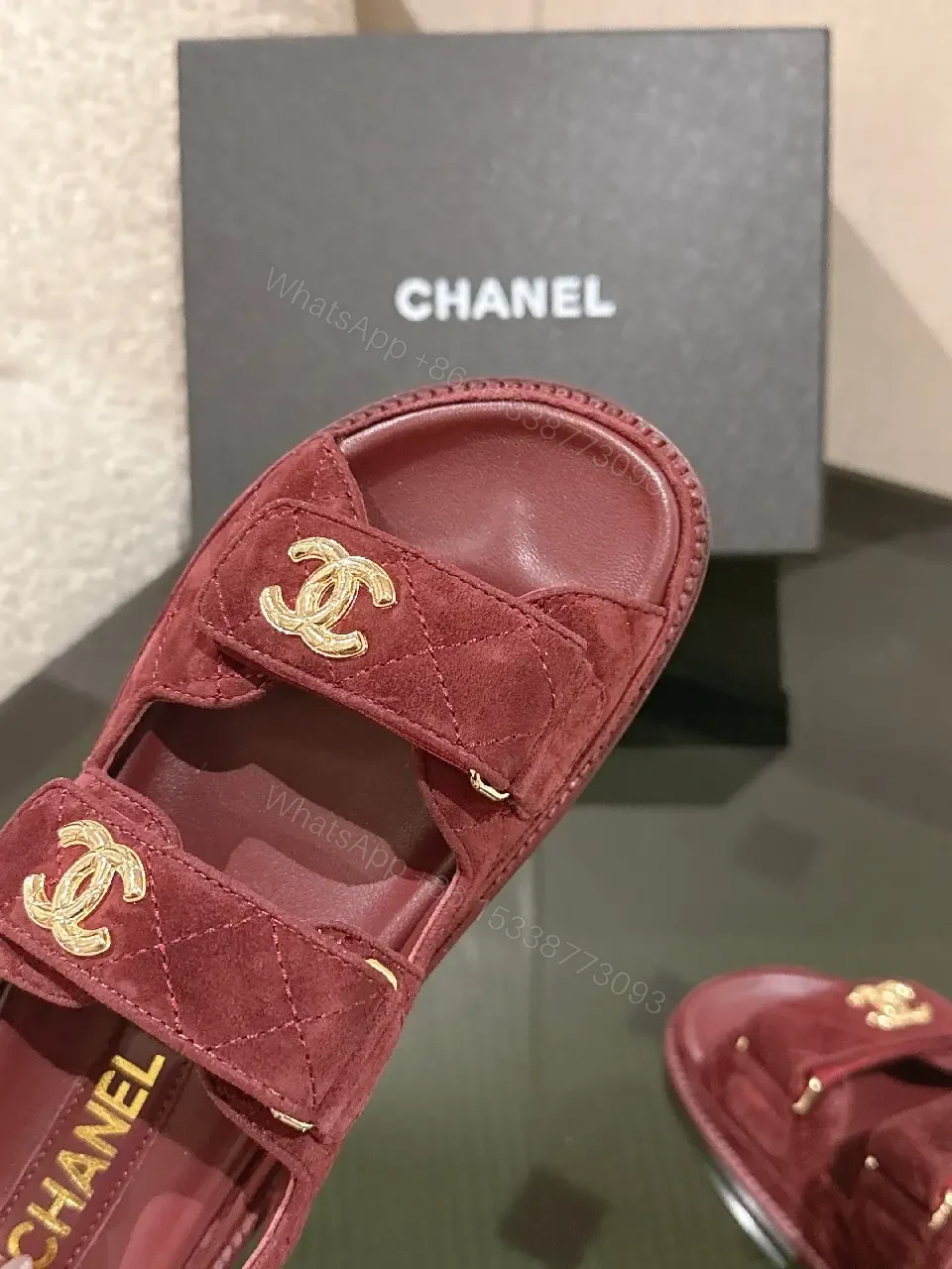 View 10 of Textured Burgundy Suede Slides with Gold Hardware - Luxe Comfort