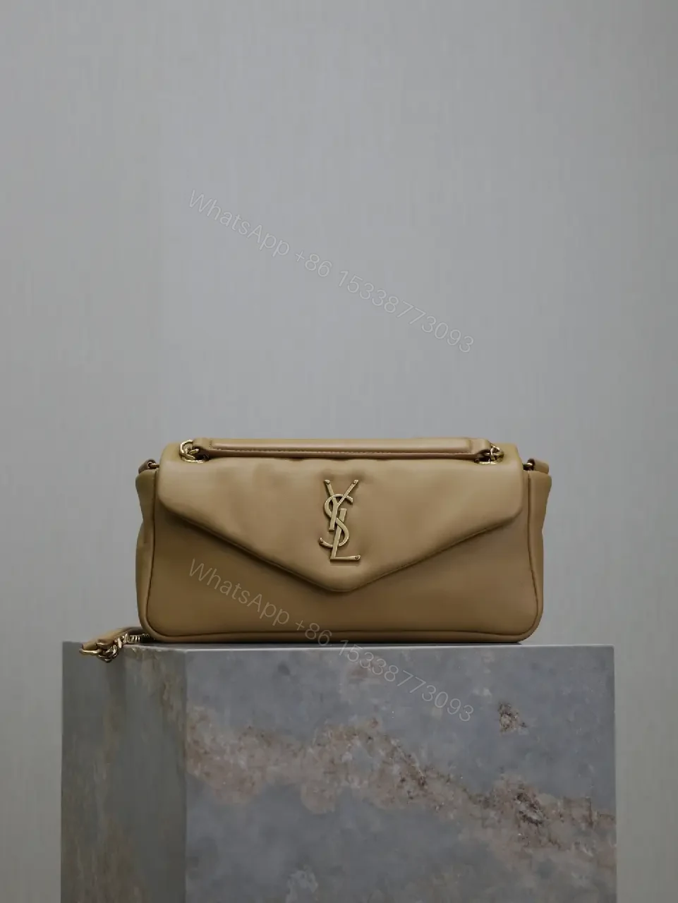 View 4 of Chic Taupe Calfskin Envelope Bag with Monogram Hardware
