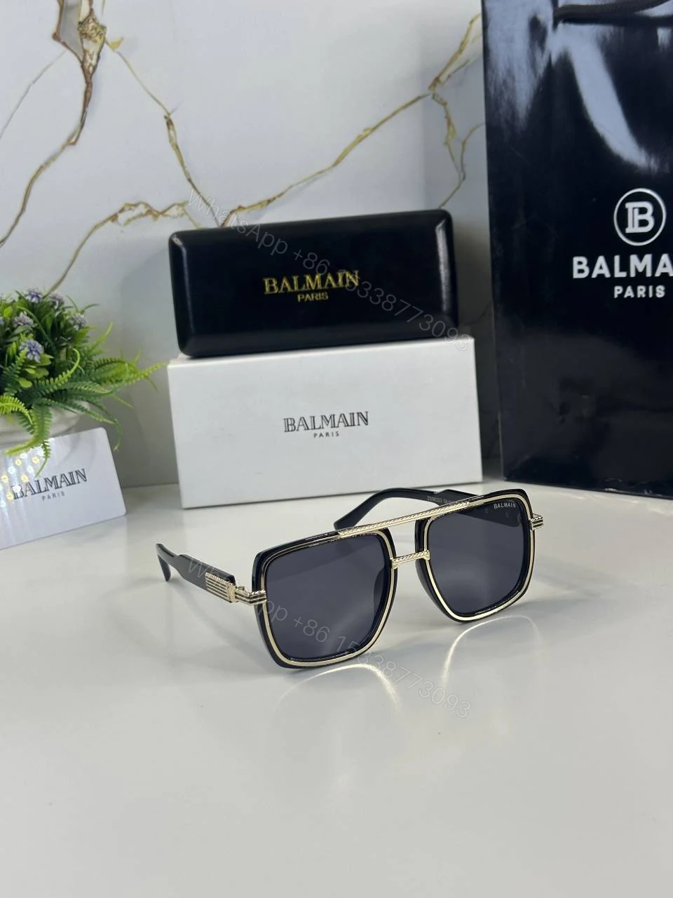View 5 of First Copy Balmain Aviator Black Sunglasses Grey Lens Unisex UV Protection