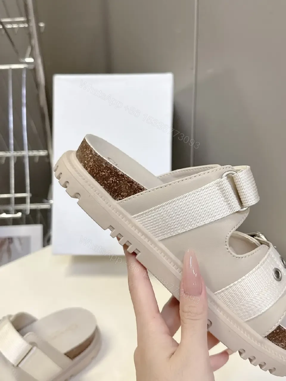 View 8 of Cream Leather Sandals, Metallic Buckle, Dior Style, Cork-Insole Comfort, Sandals