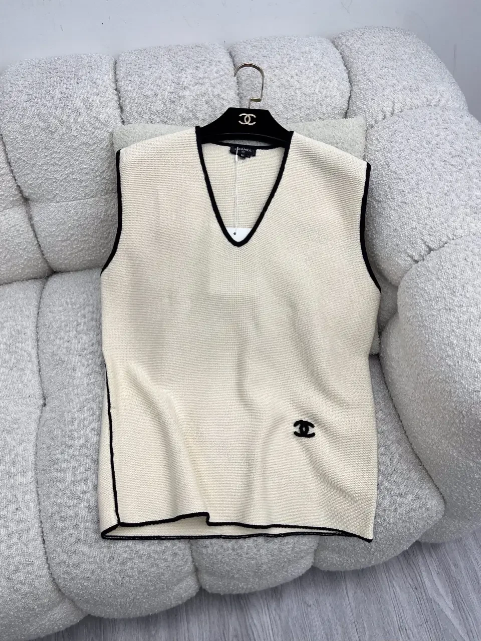 View 6 of Beige Knit Vest Black Trim V-Neck Chanel Logo Patch Tank Vest