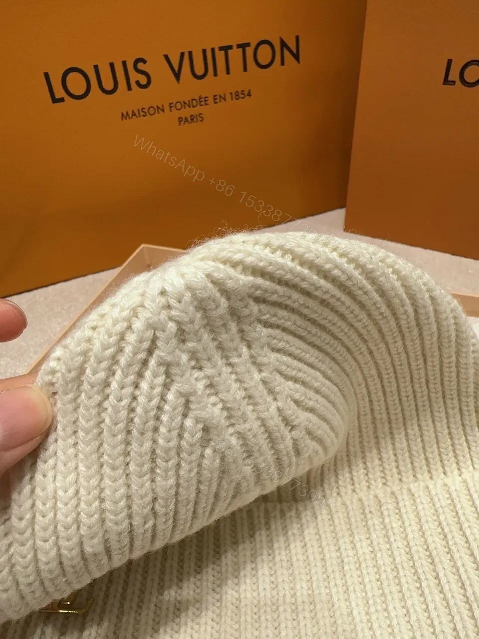 View 4 of Textured Knit Beanie - Ivory Knit w/ LV Accent Fashion Beanie
