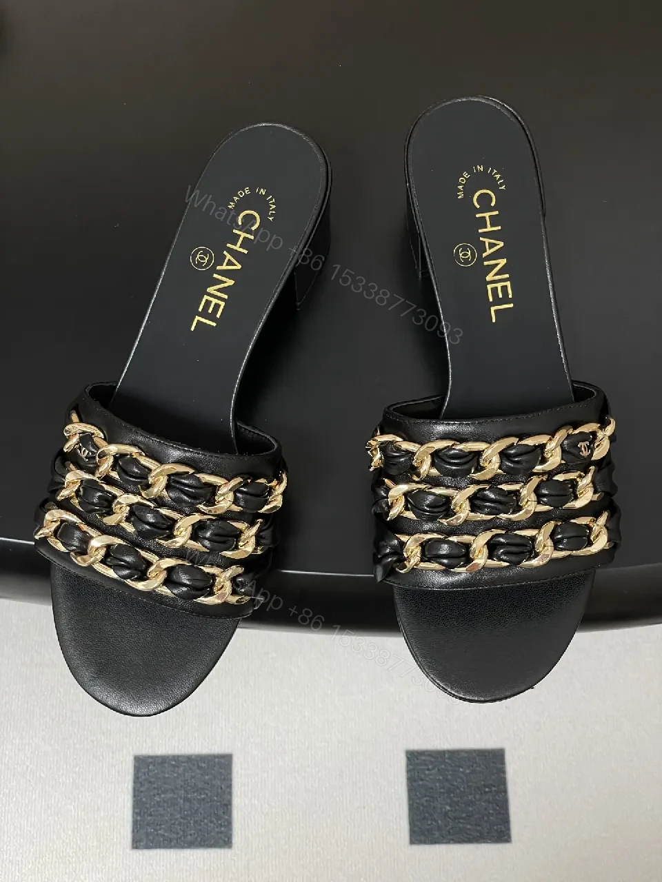View 3 of Black Leather Slide Sandals with Gold Chain Detail: Luxe Everyday