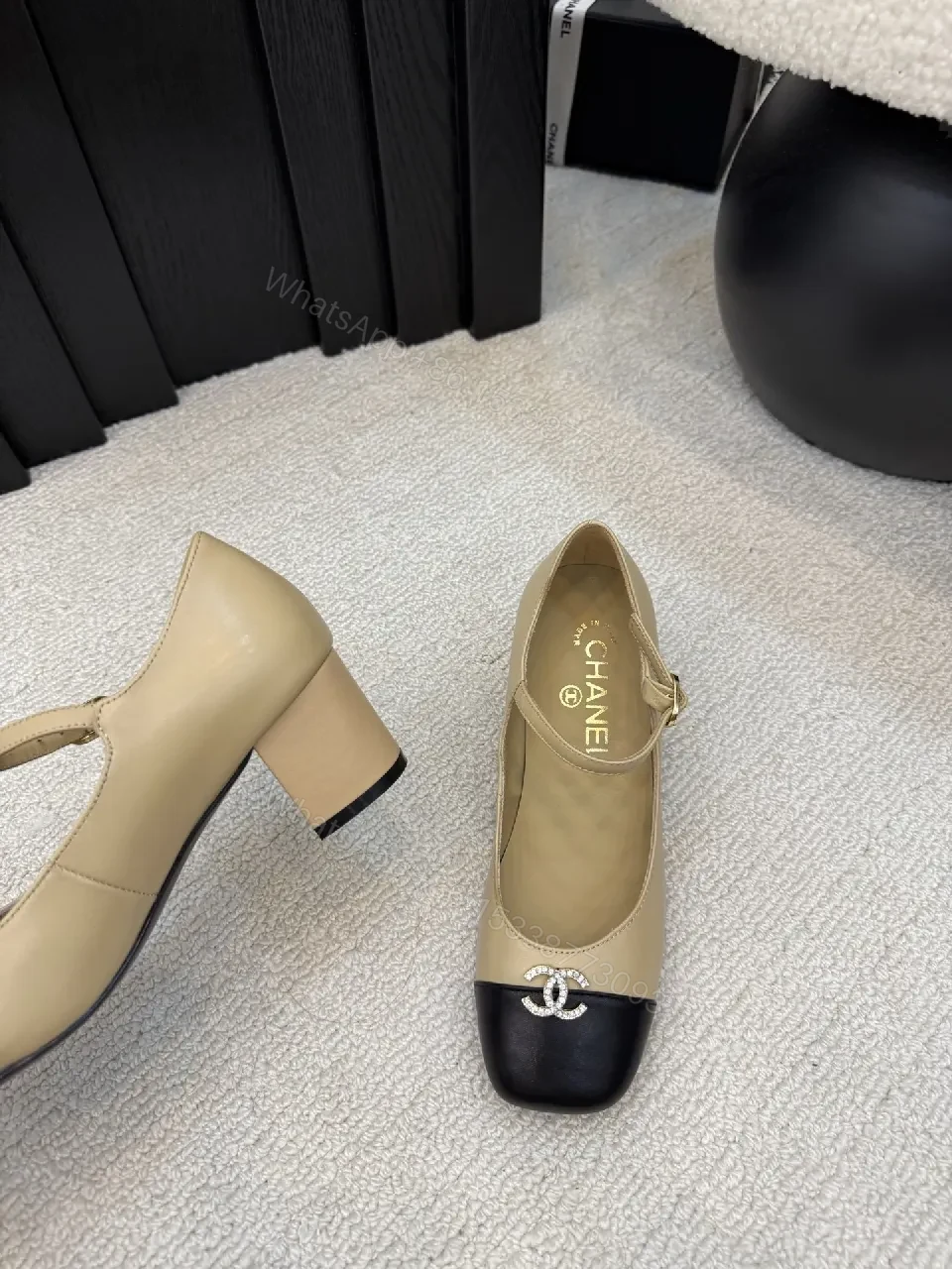 View 4 of Two-Tone Leather Midi Heel Pumps with Cap Toe Shine