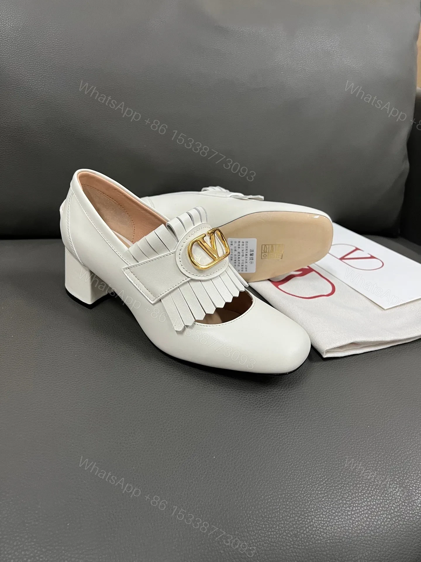 View 4 of Valentino Women White Leather Fringe Detail Pumps