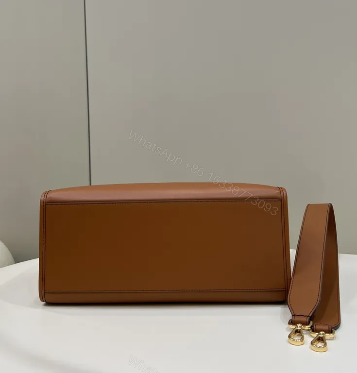 View 6 of Structured Cognac Leather Tote: Bold FENDI ROMA Logo, Premium Structure