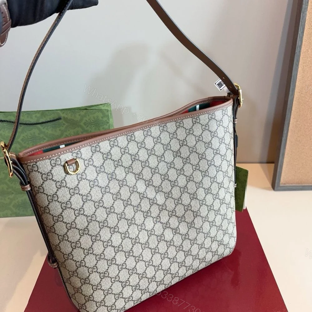 View 2 of Gucci GG Emblem Medium Bucket Bag Beige And Dark Brown Fabric 29Cm 815103 FAD6L 9758