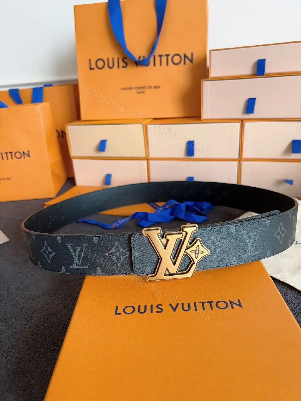 View 9 of Navy Leather Belt + Oversized Gold Buckle + Modern Luxury + Everyday Versatility Belt