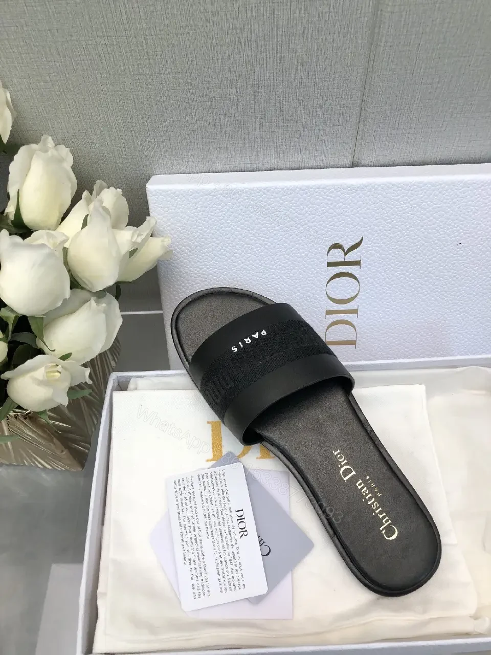 View 4 of Black Satin Strap Slide Paris Logo Sandals - Dior Style