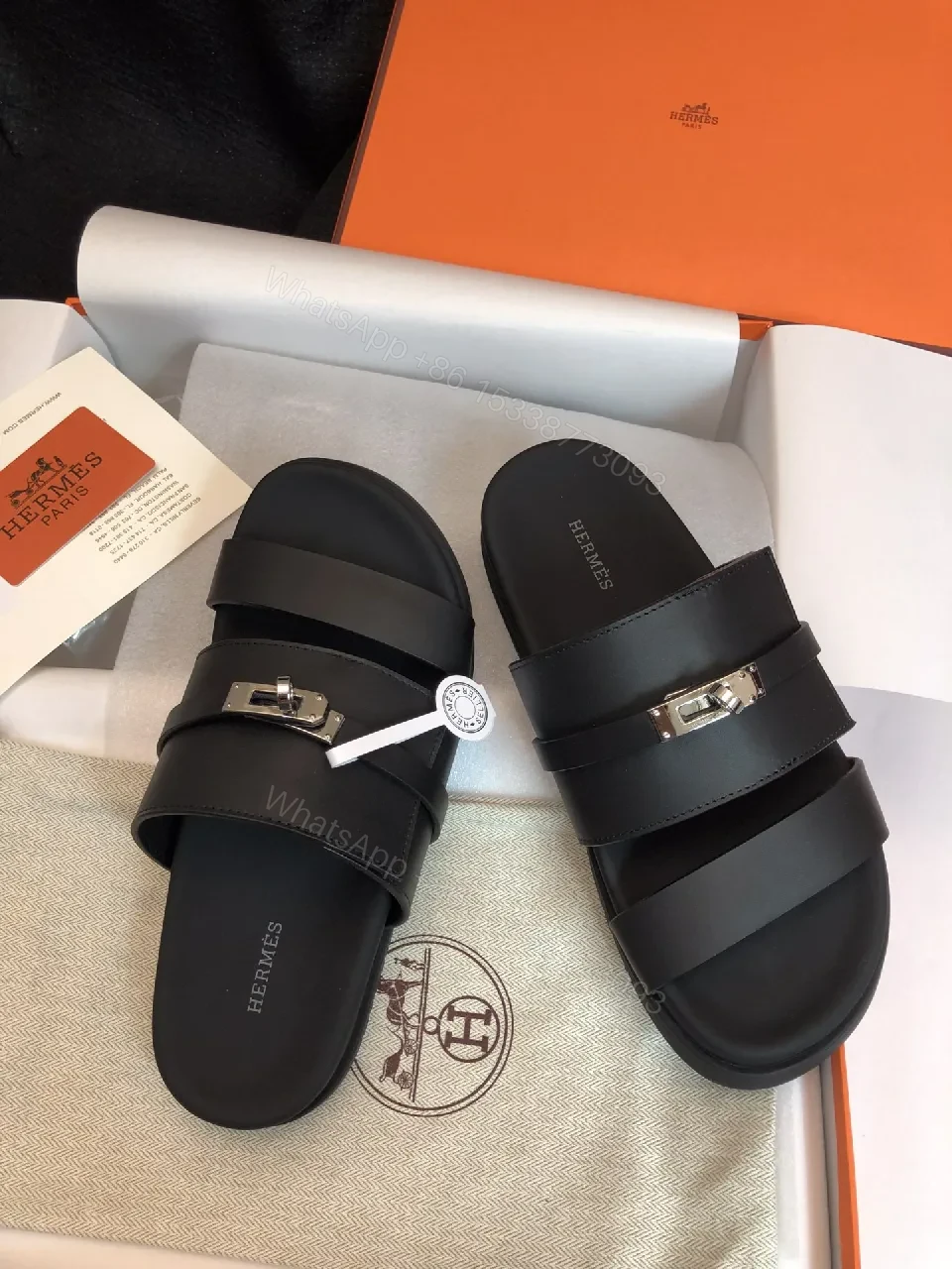 View 7 of Matte Black Leather Sandals with Signature Hardware