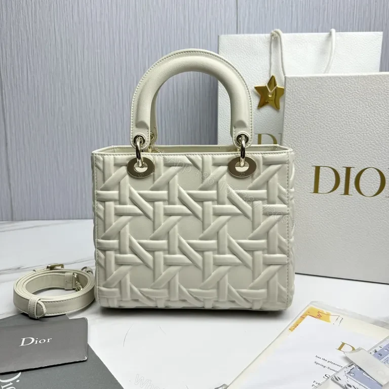 View 7 of White Leather Structured Tote: Dior-Embossed, Compact Luxury Tote