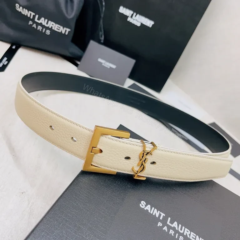 View 2 of Crisp White Leather Belt with Gold Hardware â€” Saint Laurent Style