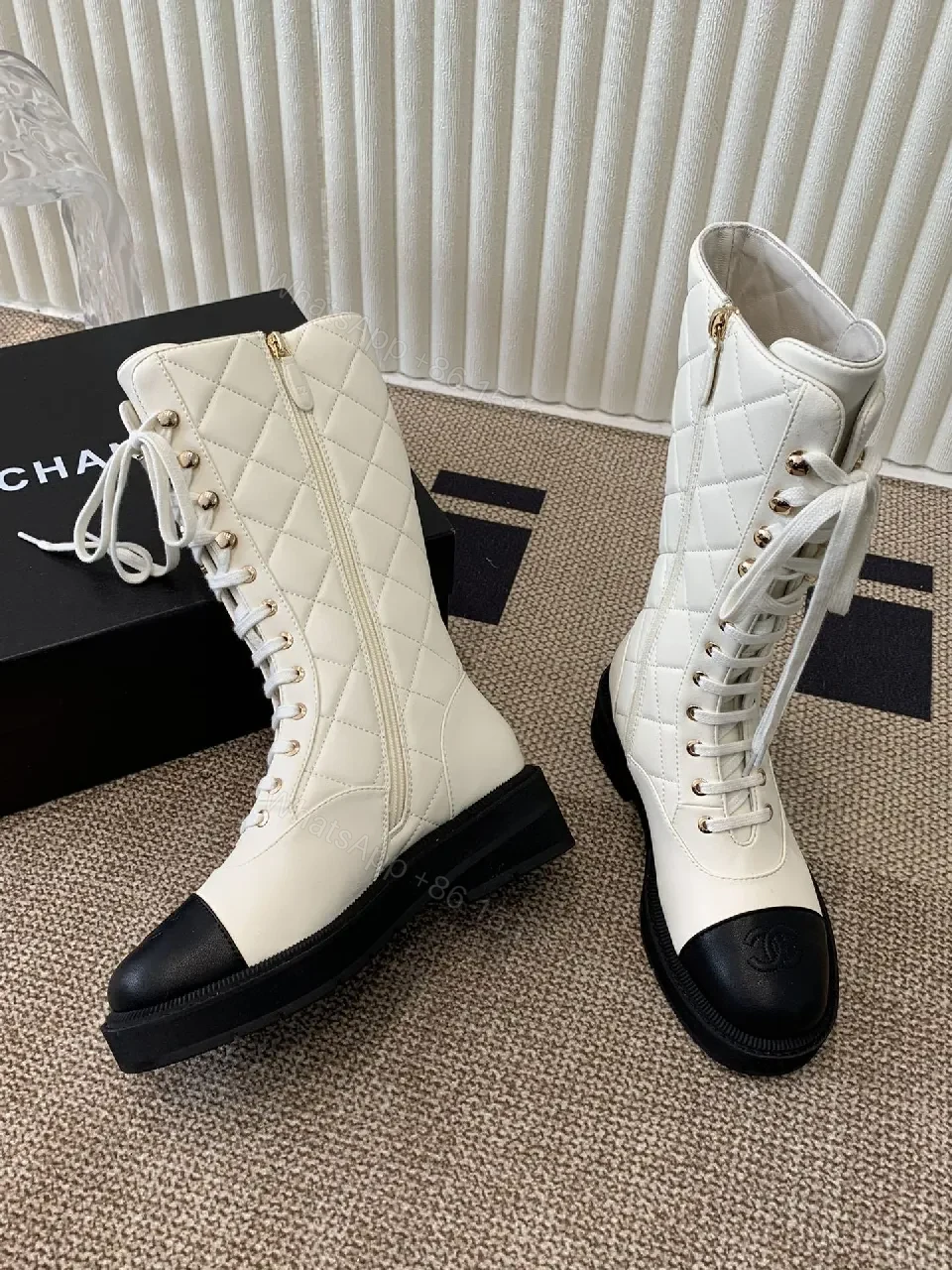 View 9 of Off-White & Black Leather Combat Boots with Luxe Lug Sole