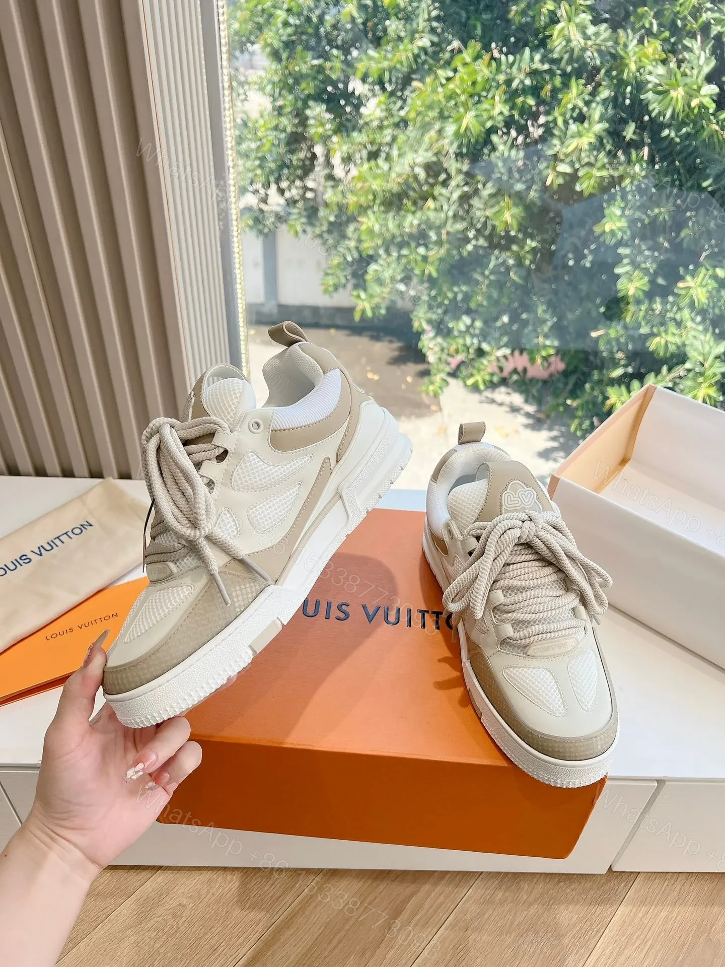 View 6 of LV Women Beige Mesh Leather Sneakers