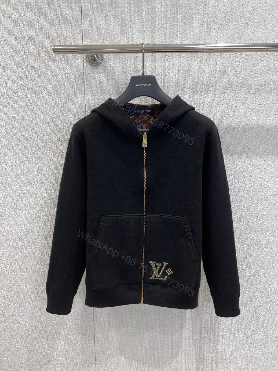 Black Zip Hoodie with Luxury LV Detailing — view 1