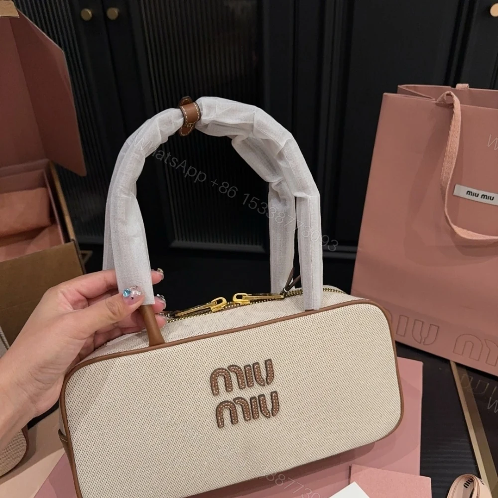 View 3 of MIUMIU BEAU CANVAS BAG BEIGE AND BRANDY 28CM 5BB173 ACRN F062F V OWM