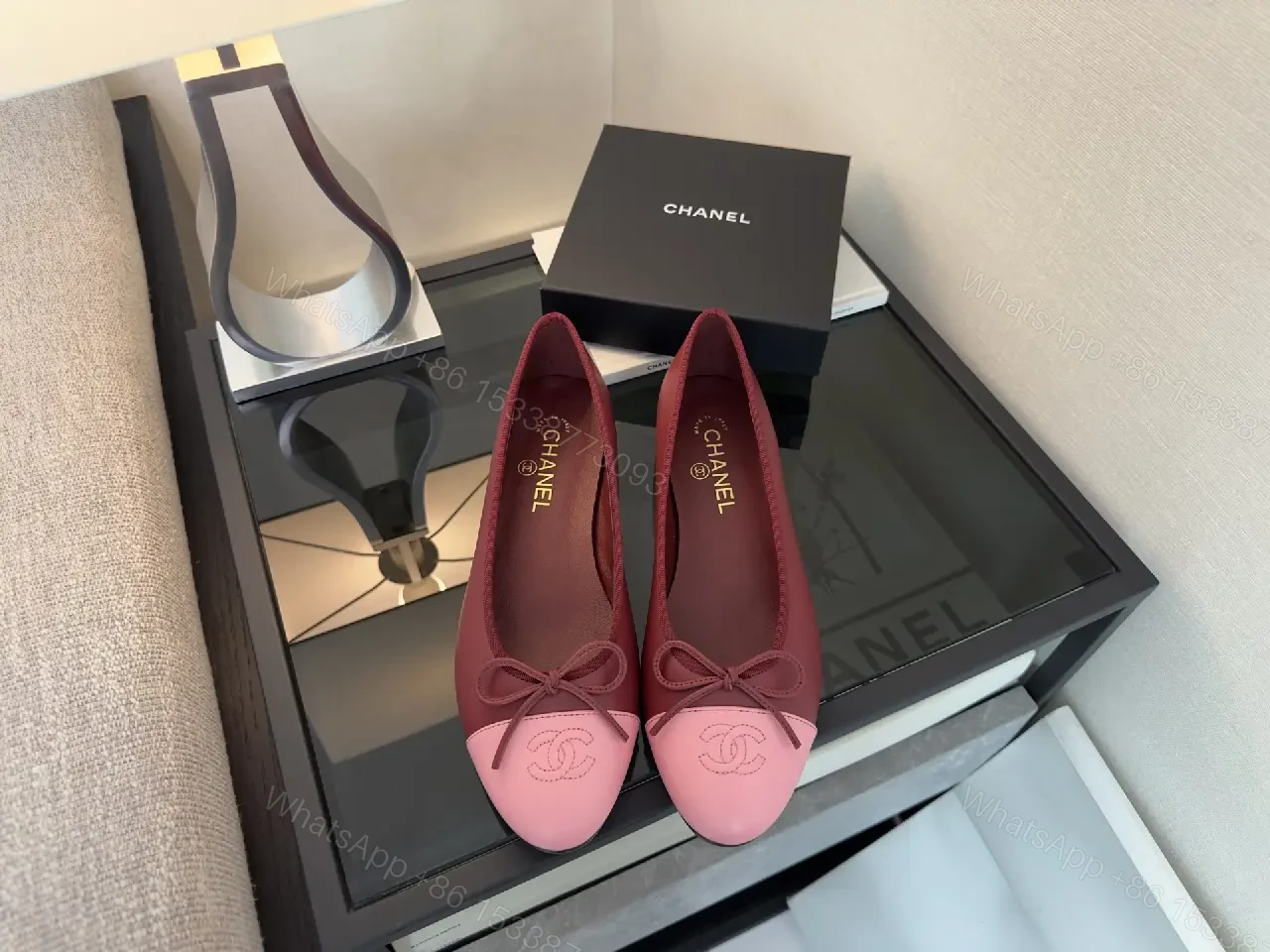 View 2 of Pink Cap Toe Bow Flats - Leather Style with Logo Embroidery, Chanel-inspired