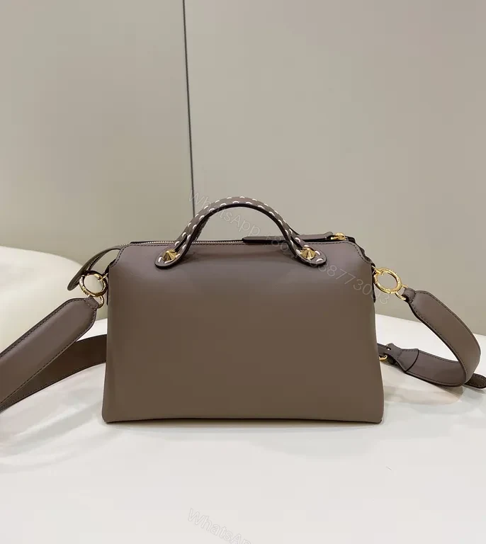 View 7 of Taupe Leather Fendi-Style Structured Handbag with Logo Detailing