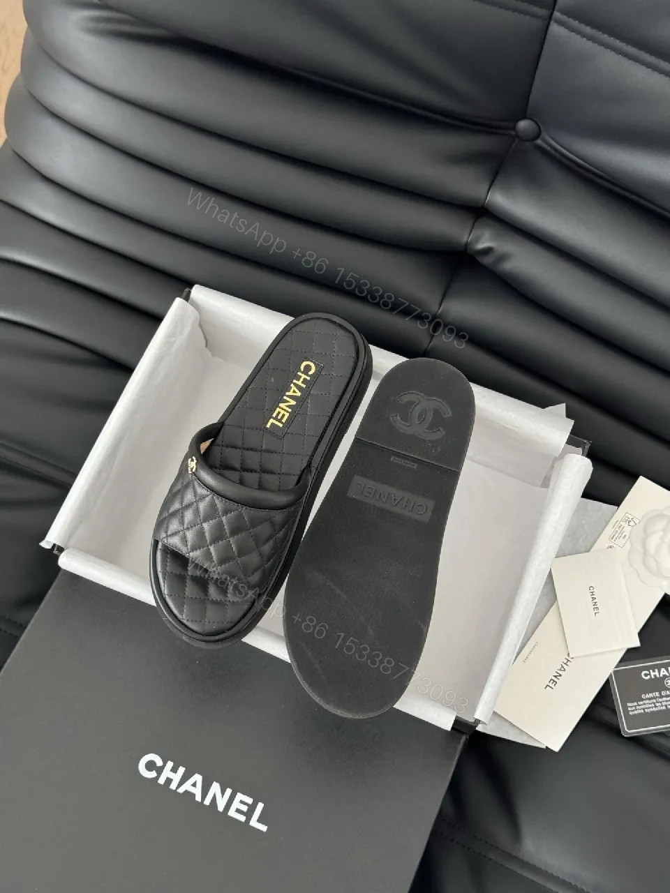 View 5 of Quilted Black Slip-Ons with Gold Logo - Luxe Comfort Shoes