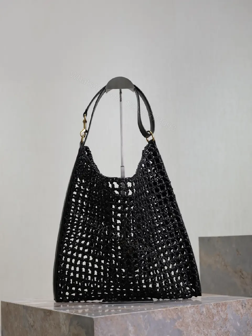 View 4 of Open-Knit Mesh Tote: Black Leather, Gold Monogram, Luxe Style
