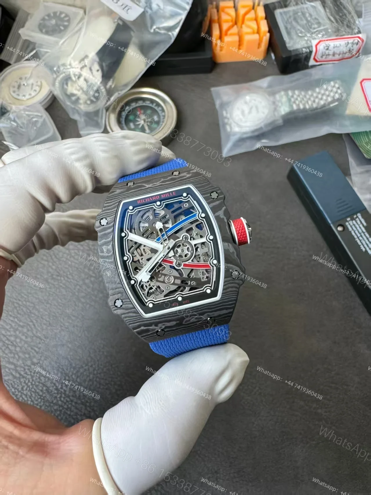 View 7 of Super Clone Richard Mille RM67-02 Carbon TPT Skeleton Tourbillon 1:1 Replica Watch with Blue Strap