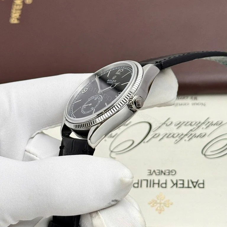 View 3 of Rolex Perpetual 1908 39mm Super Clone Black Dial Leather Strap