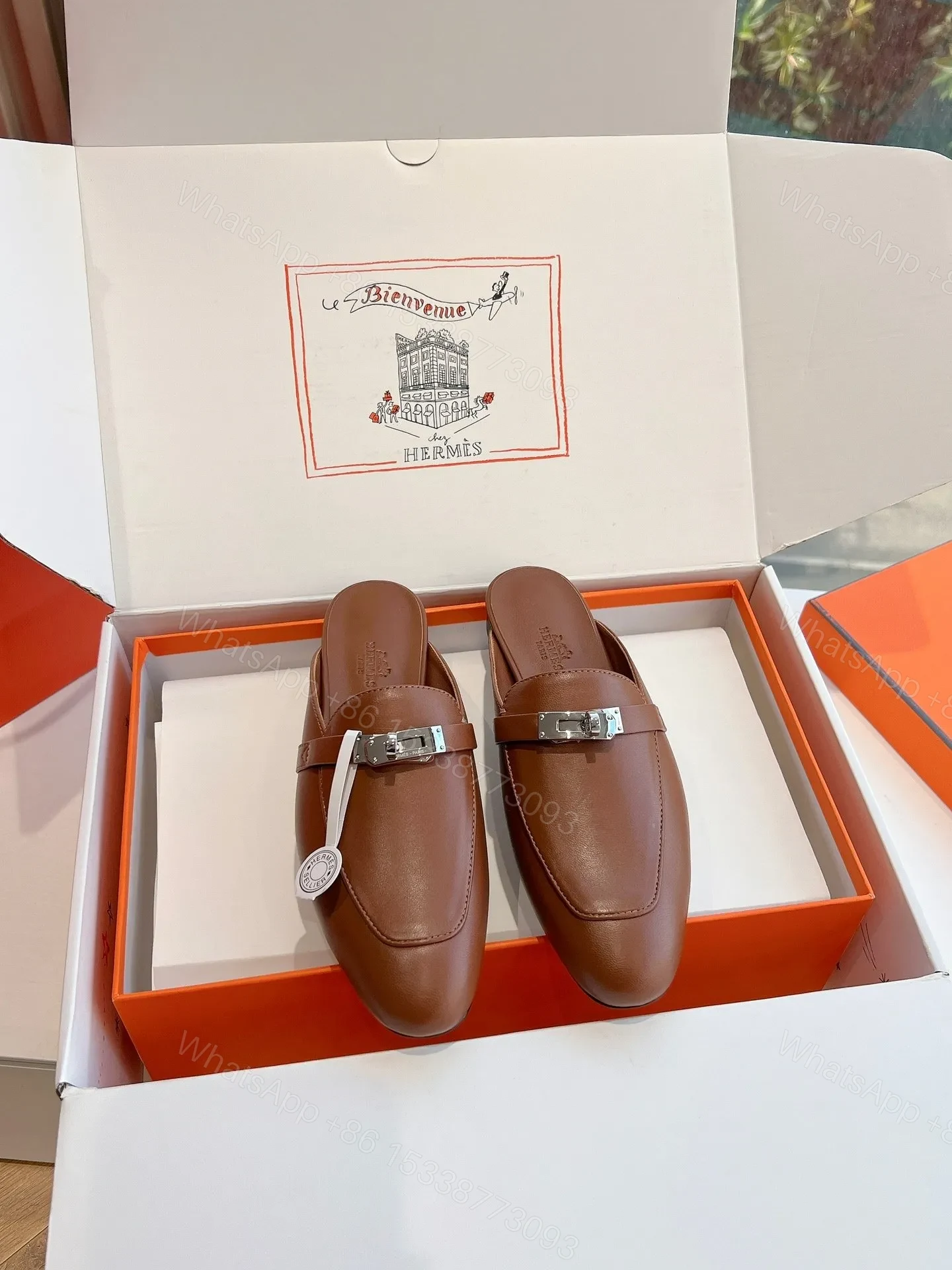 View 3 of Hermes Women Brown Leather Slip On Mules