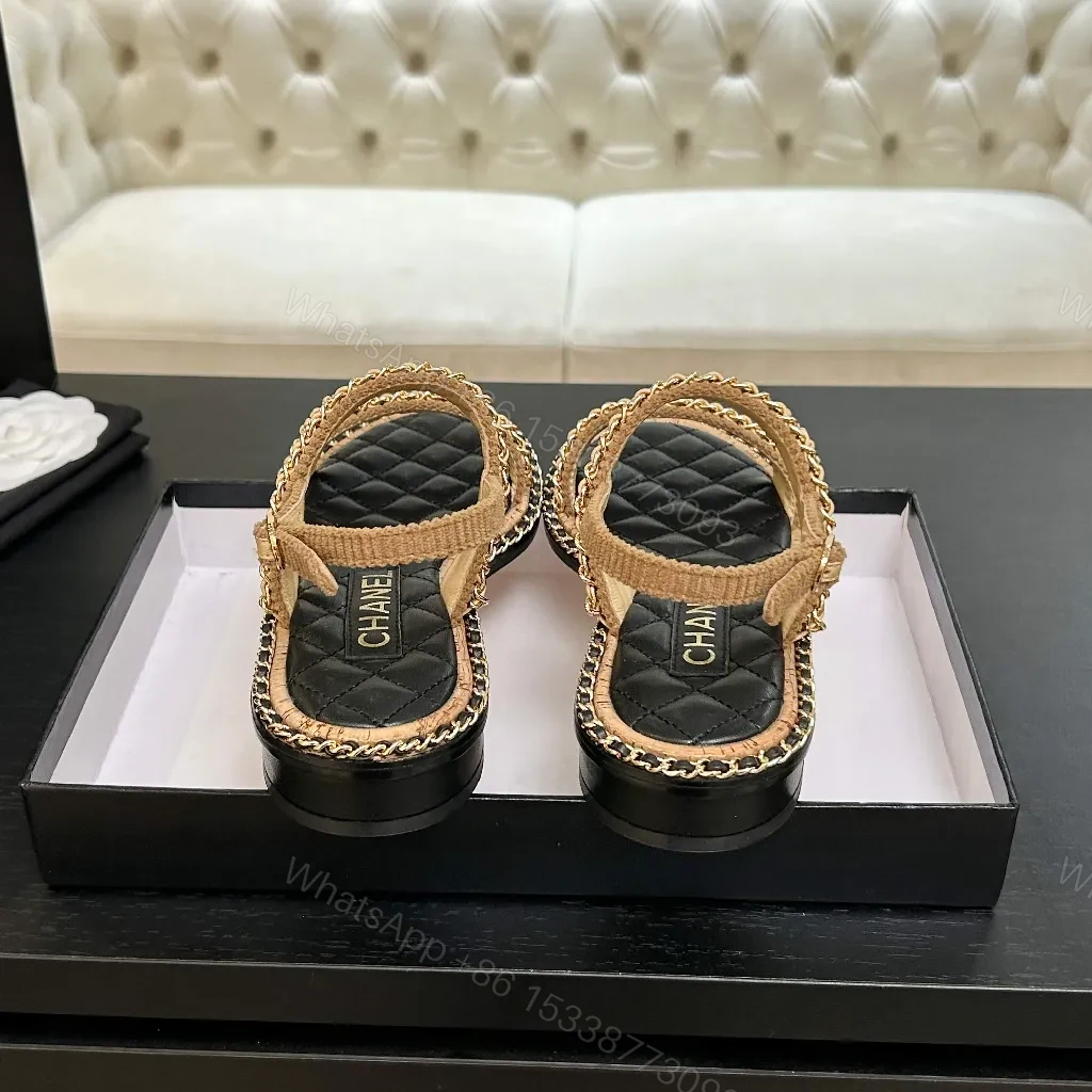 View 3 of Textured Sandals: Quilted Footbed, Gold Chain Detailing, Neutral Tan