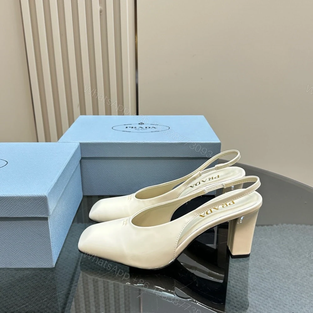 高仿Prada*1I838B方頭粗踭露跟鞋8.5CM漆皮白色免檢版 — view 1