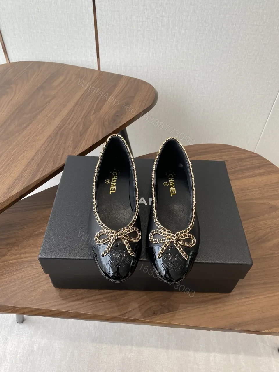 View 5 of Black Leather Ballet Flats with Chain Bow Accent - Luxe Style