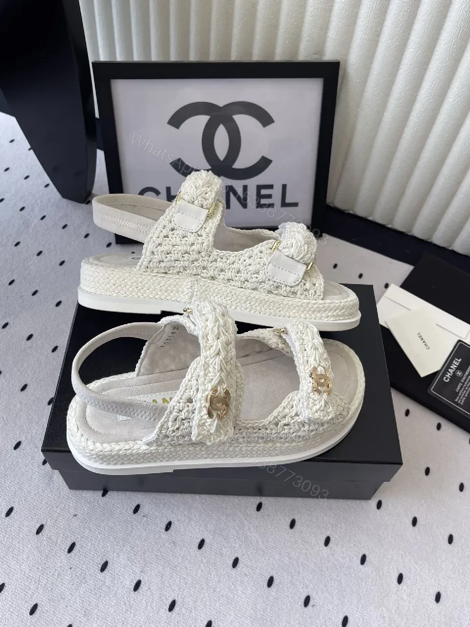 View 9 of Ivory Knit Sandals with Gold Logo - Couture-Style Comfort