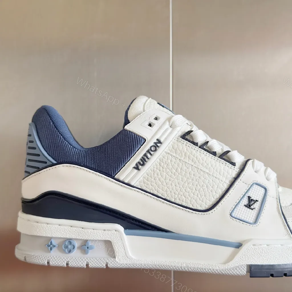 View 3 of Sophisticated White & Navy Luxe Sneaker with Texture