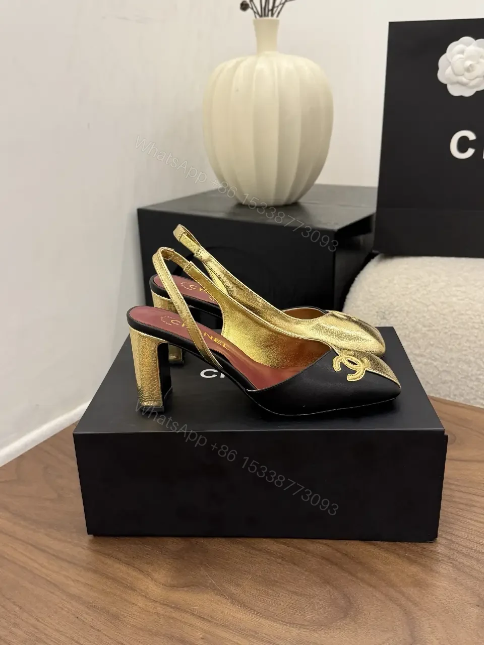 View 2 of Gold & Black Slingback Heels: Luxe Comfort, Medium Heel