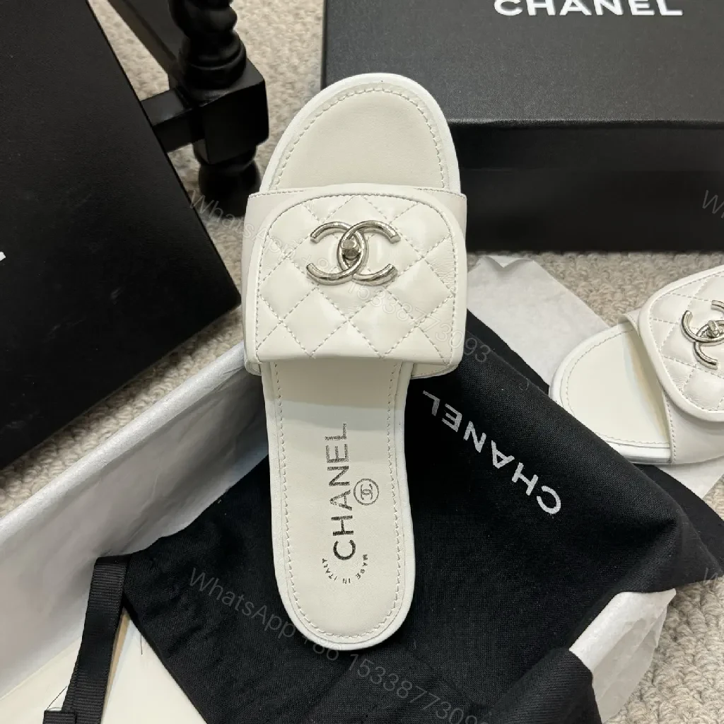 View 8 of Quilted White Leather Slides with Logo Detail, Open-Toe Slide, Luxury Comfort