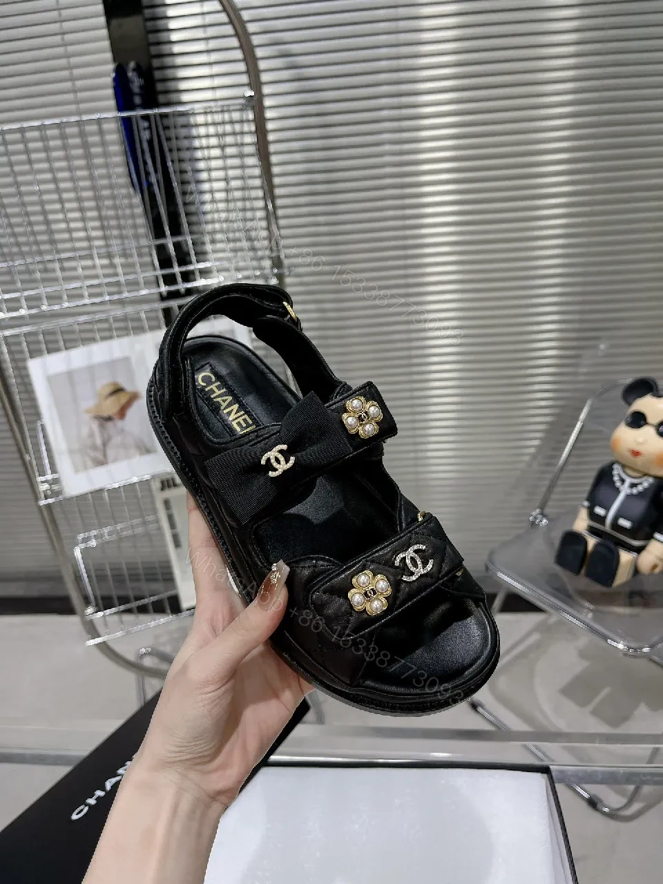 Quilted Black Sandal: Pearl-Embellished Chic Comfort Sandal — view 1