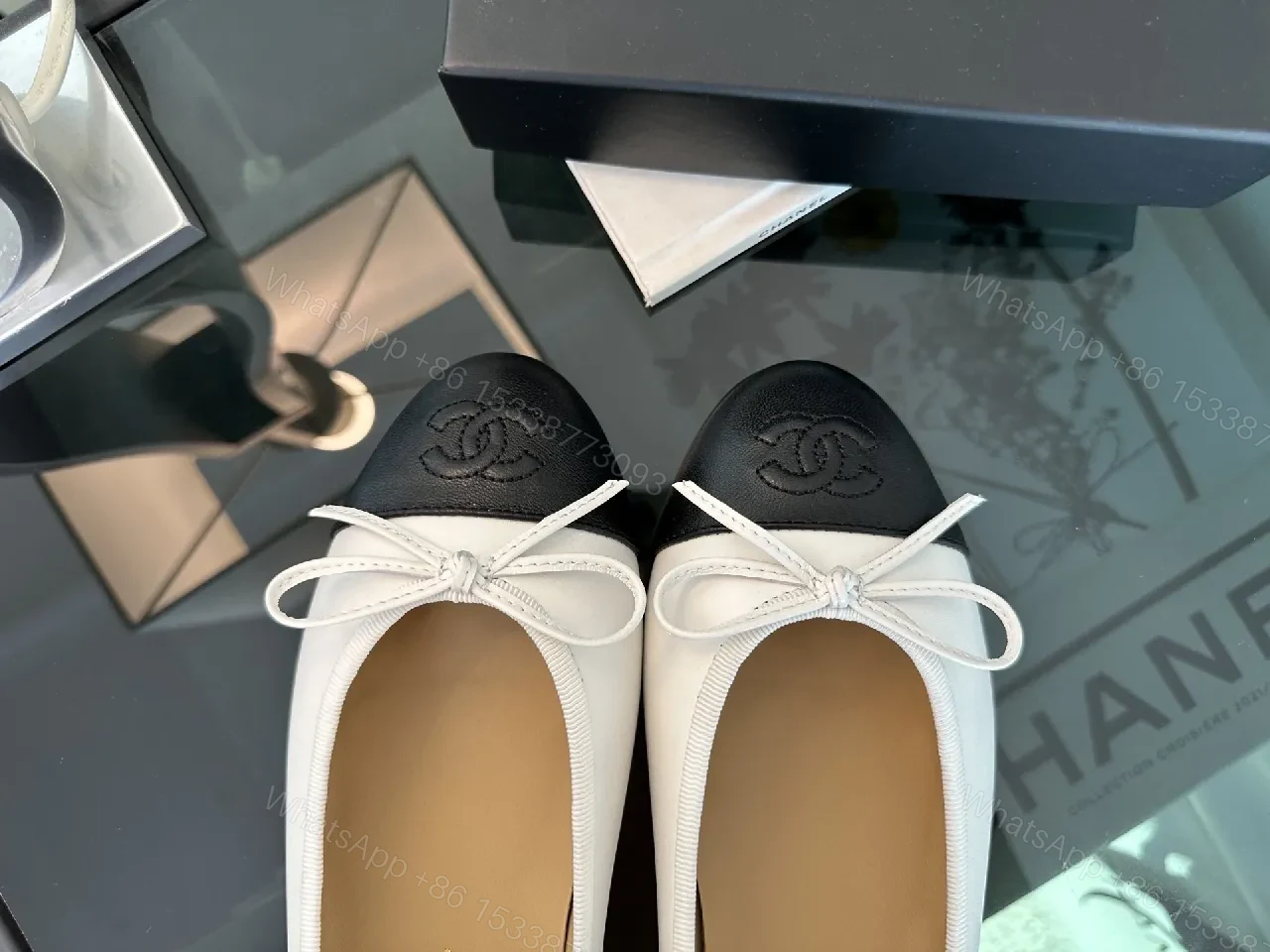 View 4 of Two-Tone Ballet Flats with Black Cap Toe, Leather, Elegant Comfort