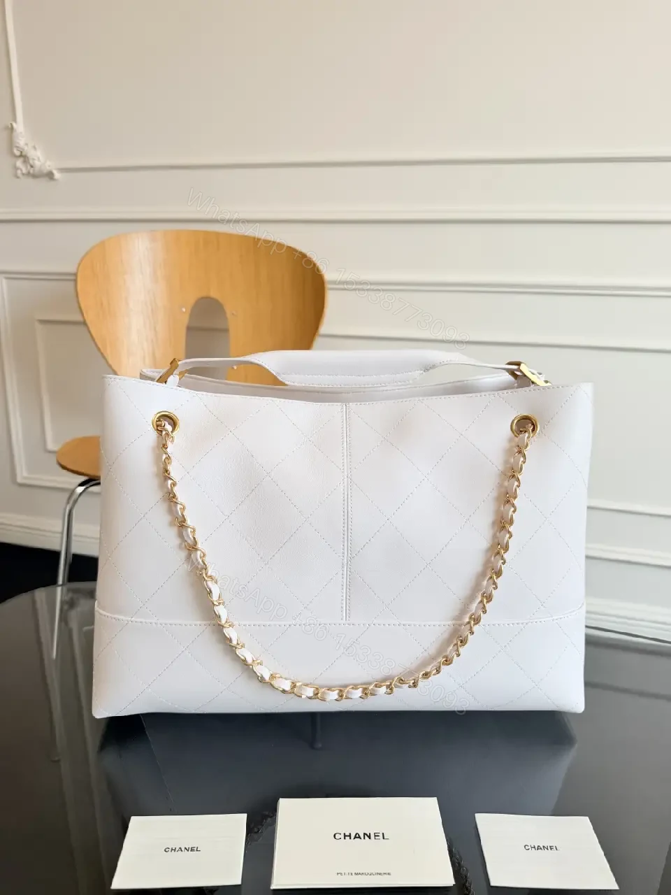 View 9 of White Quilted Tote, Gold Chain, Structured, Luxury Everyday Tote