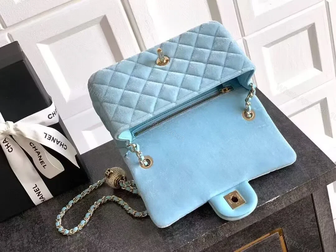 View 5 of Pastel Blue Quilted Box Bag with Chain Strap - Luxe Elevation