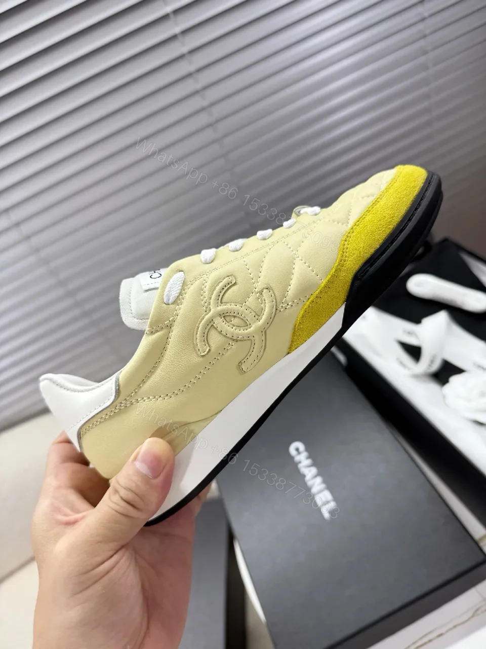 View 3 of Quilted Yellow Suede Low-Top Sneakers: Luxe Streetwear Style