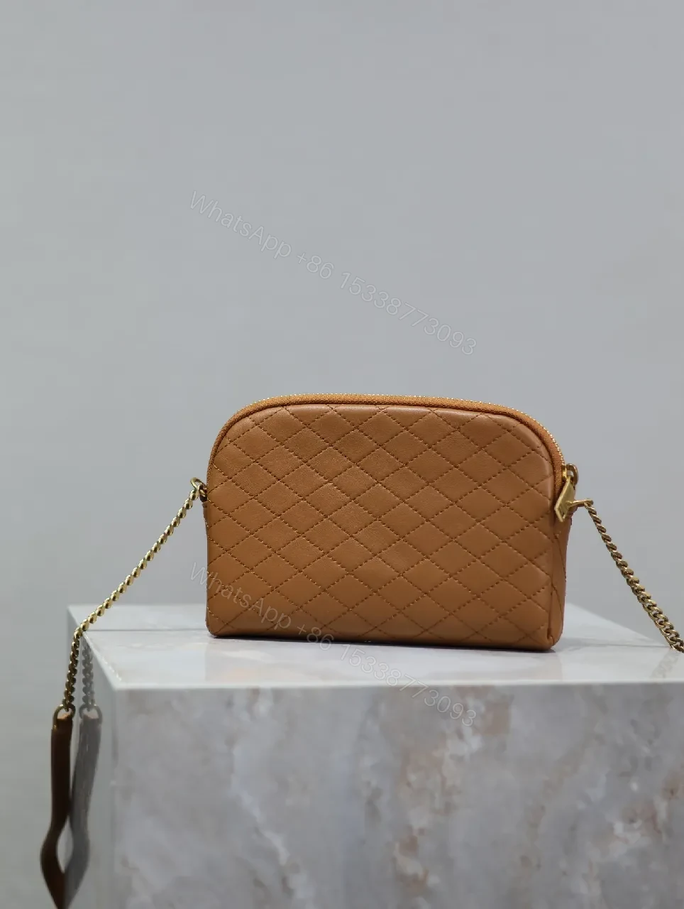 View 3 of Compact Tan Quilted Bag: Crossbody, Gold Hardware, Luxe Style