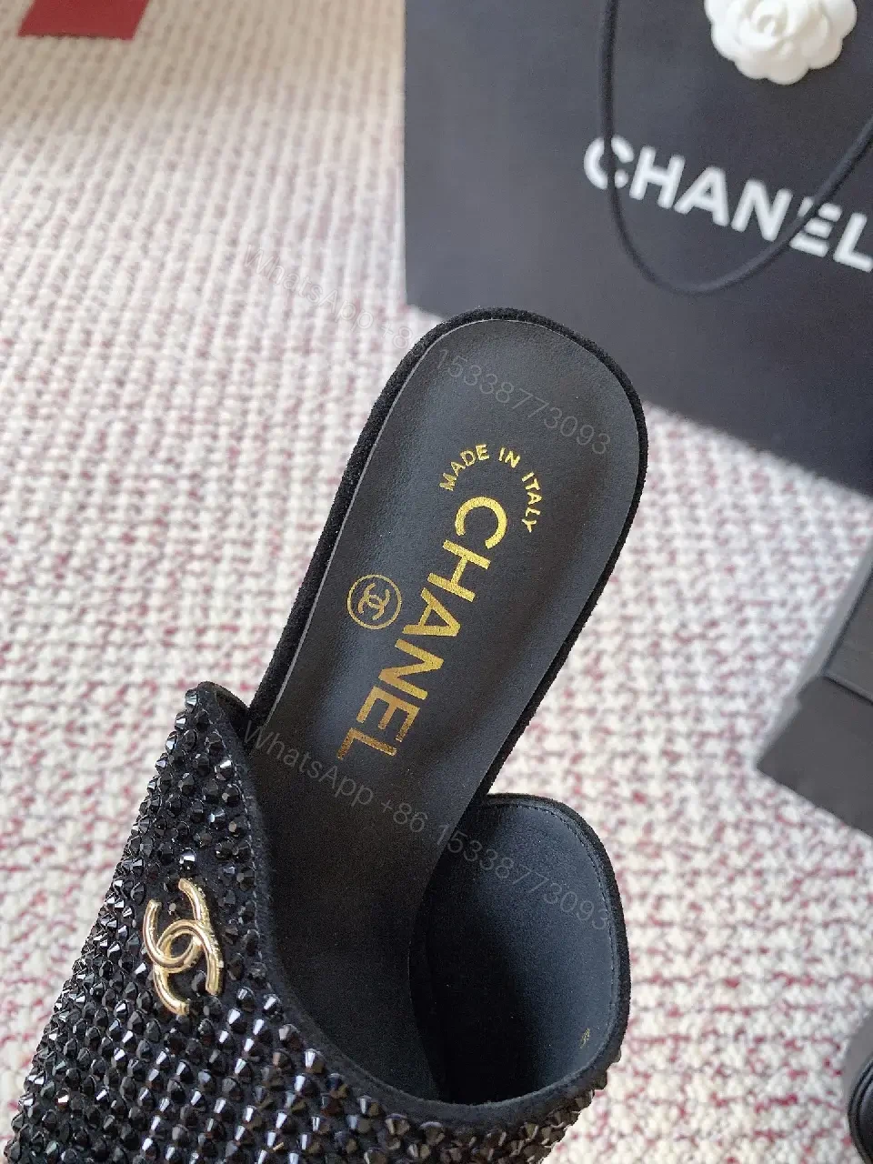 View 5 of Black Velvet Crystal Dainty Mules with Chanel Logo Heels