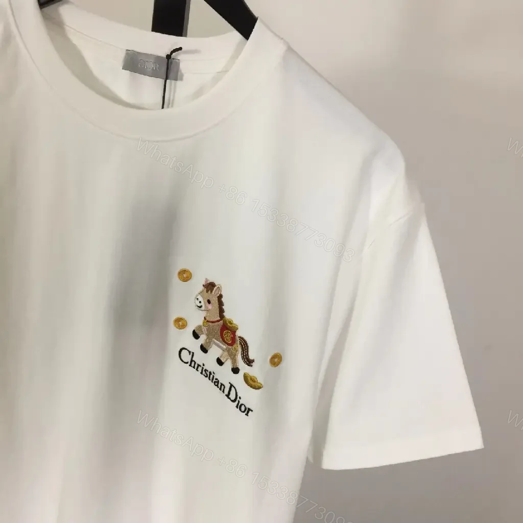 View 2 of White Cotton Tee with Embroidered Pony – Subtle Luxury Style