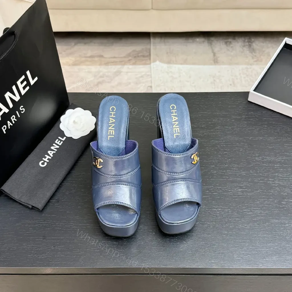 View 10 of Blue Leather Platform Mules with Logo Hardware, Sculpted Heel