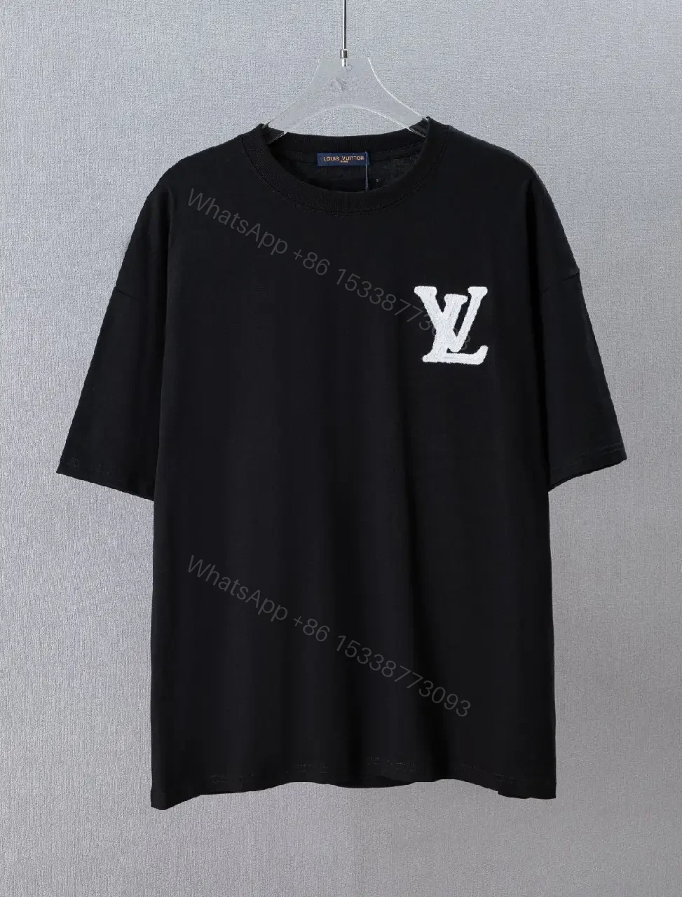 View 3 of Black Cotton Oversized Tee with White LV Logo Applique T-shirt