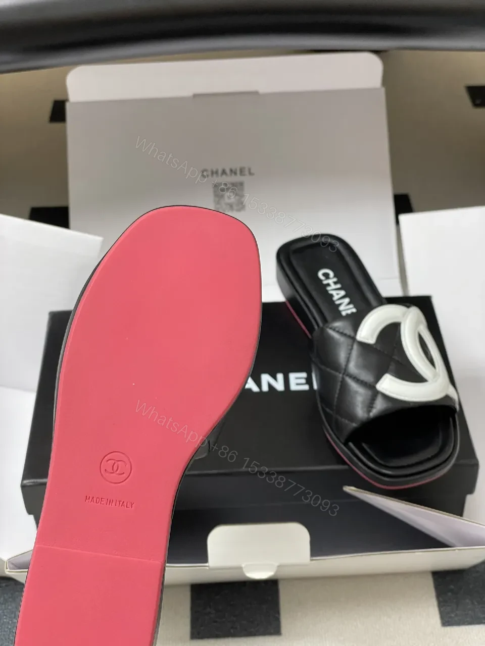 View 9 of Quilted Black Slides with Bold Logo Straps - Luxury Casual